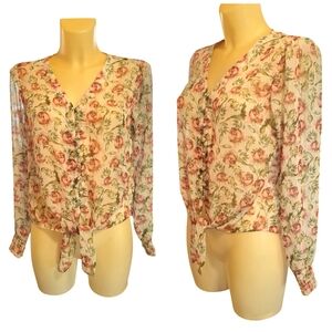 INTERNATIONAL CONCEPTS INC Cream Pink Green Sheer Long Sleeve Button Down Shirt